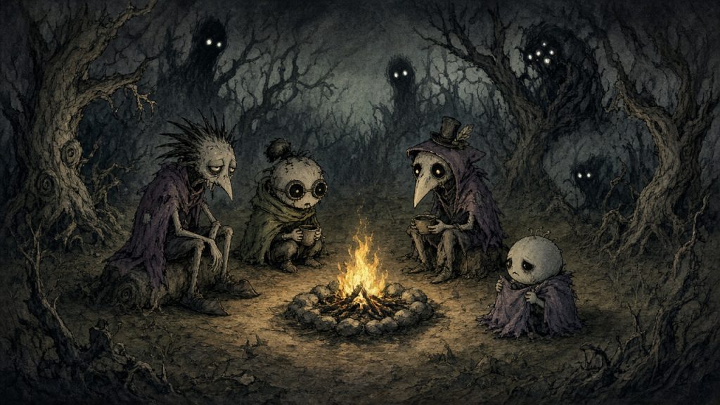 Don't Starve Together, выжившие у костра в тёмном лесу