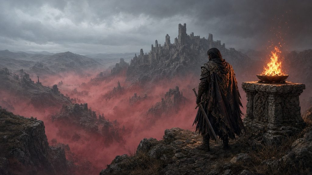 Enshrouded, герой у пылающего алтаря на краю ядовитого тумана