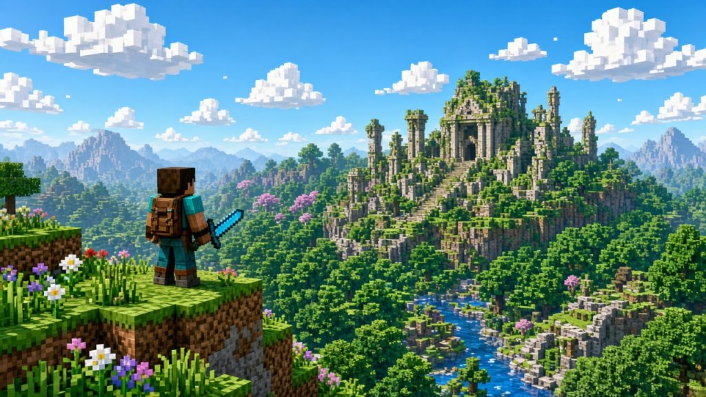 Hytale, путешественник с мечом на холме у леса