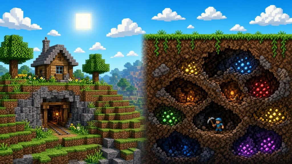 Майнкрафт и Terraria, кубический и двухмерный миры для выживания
