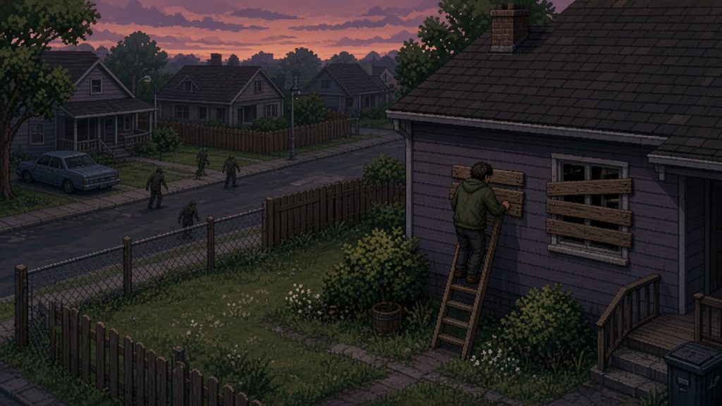 Project Zomboid, выживший заколачивает окна пригородного дома