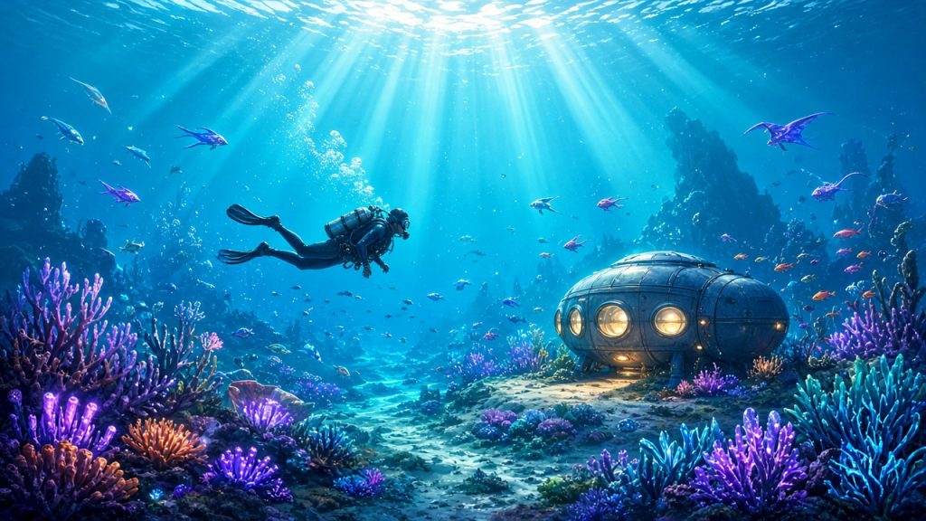 Subnautica, подводный риф с инопланетными растениями