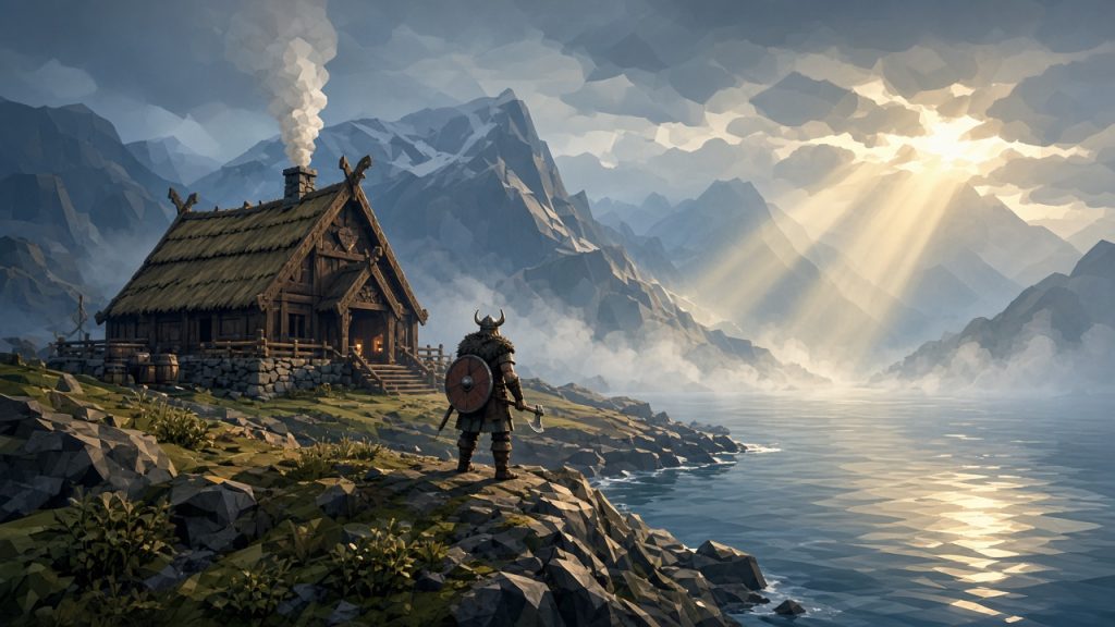Valheim, викинг у длинного дома на берегу фьорда