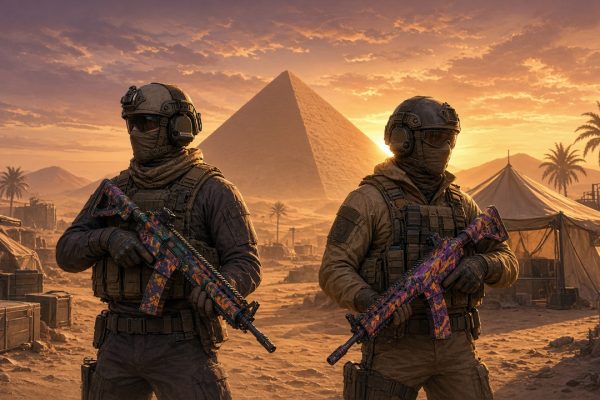 Два бойца Standoff 2 в пустыне у пирамиды с окрашенным оружием