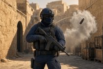 Боец спецназа из КС 2 на улице карты в стиле Ближнего Востока, за ним дымовая граната