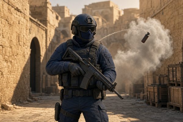 Боец спецназа из КС 2 на улице карты в стиле Ближнего Востока, за ним дымовая граната