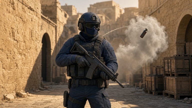 Боец спецназа из КС 2 на улице карты в стиле Ближнего Востока, за ним дымовая граната