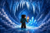 Ледяные пещеры Minecraft: исследователь с факелом у кристаллов