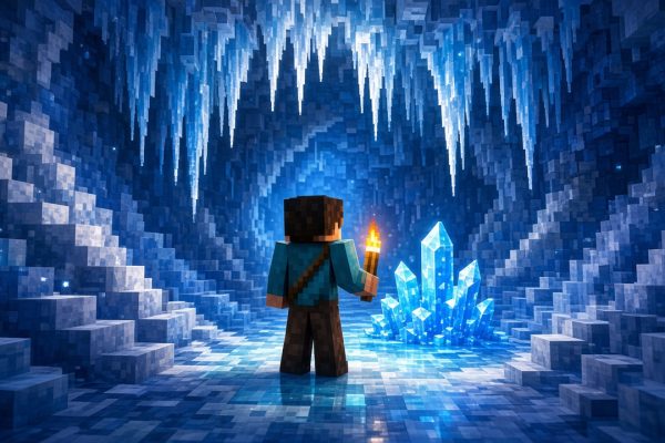Ледяные пещеры Minecraft: исследователь с факелом у кристаллов