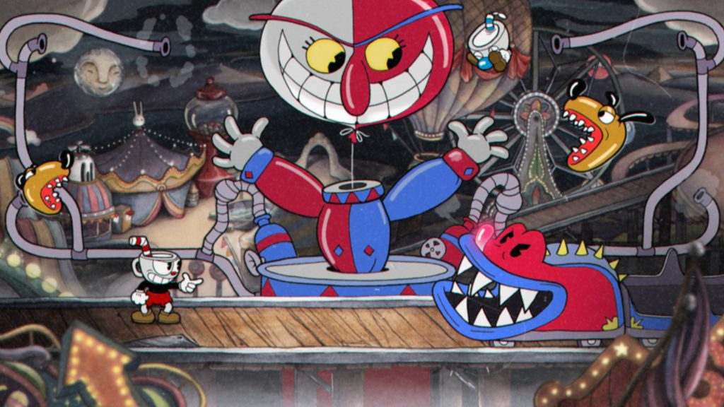 Cuphead, бой с боссом в мультяшном стиле