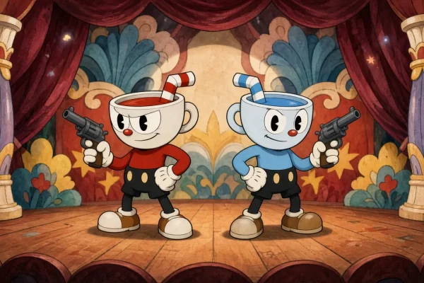 Cuphead и Mugman с пистолетами на сцене