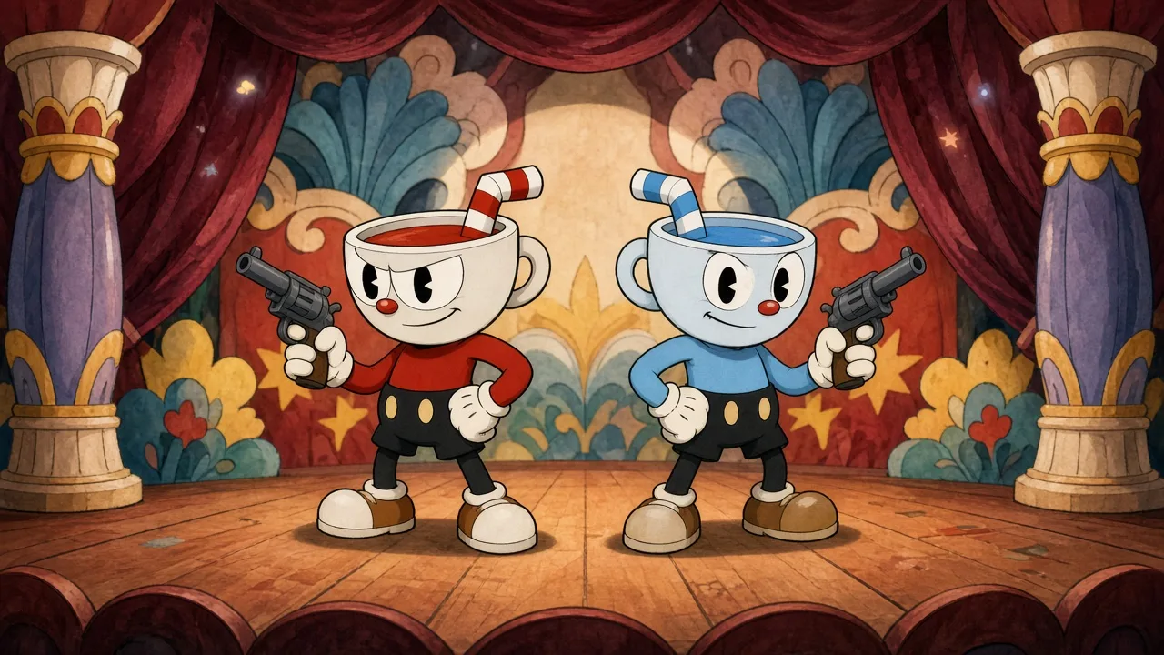 Cuphead и Mugman с пистолетами на сцене