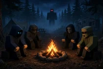 Четверо выживших в капюшонах и масках греются у костра в ночном лагере, за деревьями стоит тёмная фигура с красными глазами