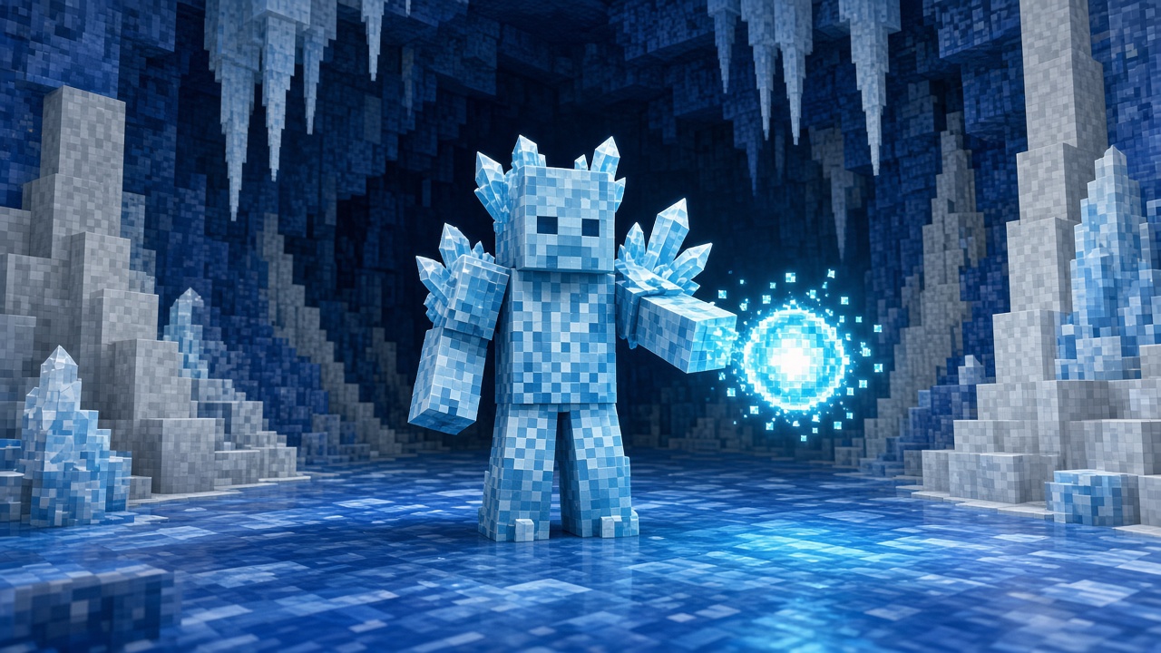 Зомби Frostbite и ледяные шары в пещере Minecraft