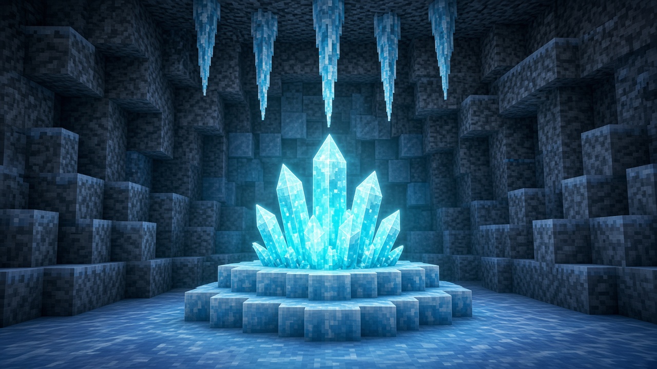 Ледяные кристаллы и сосульки в биоме ледяных пещер Minecraft