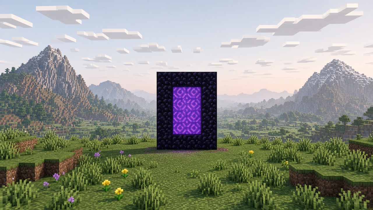 Портал из обсидиана на травяной равнине Minecraft