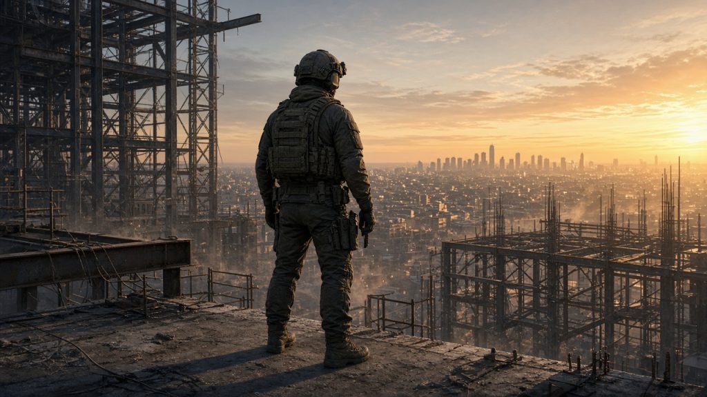 Боец стоит на верхнем этаже недостроенного небоскрёба над городом