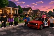 Подростки аватары в стиле Roblox на улице пригорода у домов и красного кабриолета вечером