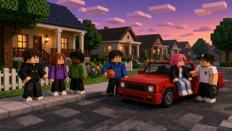 Подростки аватары в стиле Roblox на улице пригорода у домов и красного кабриолета вечером