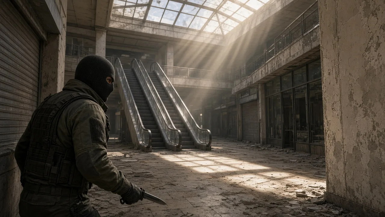 Боец с ножом проверяет угол в заброшенном торговом центре