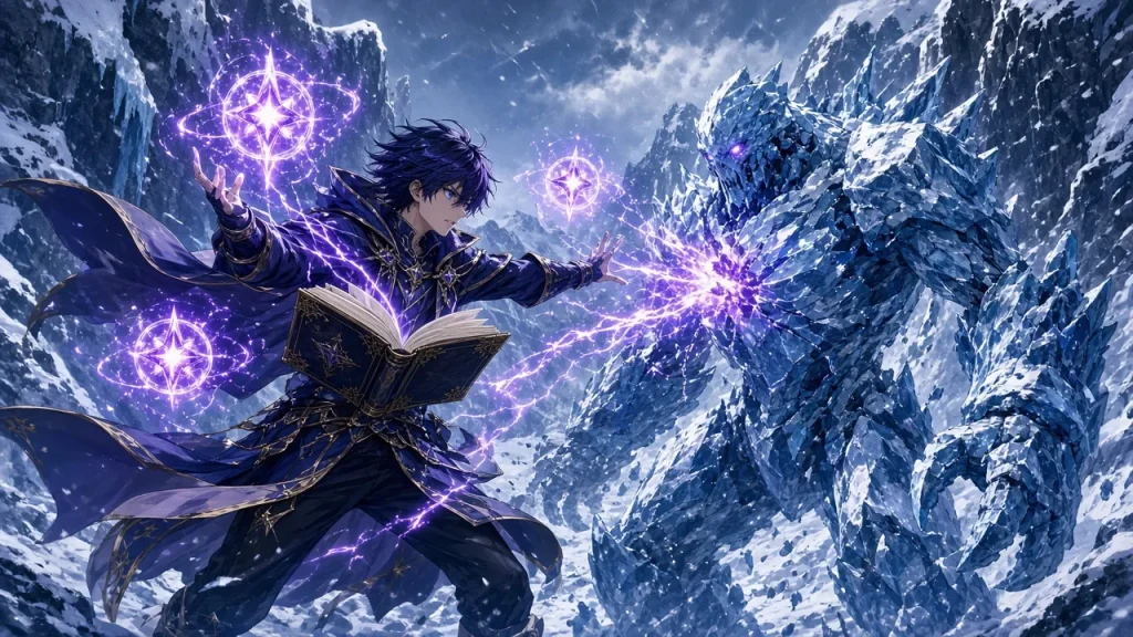 Маг с книгой и тремя звёздными маячками бьёт молнией по ледяному голему в ущелье