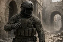 Боец спецназа в шлеме и бронежилете держит керамбит обратным хватом на пыльной улице с арками