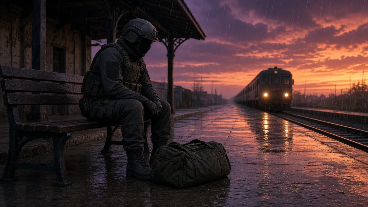 Боец с сумкой ждёт поезд на мокрой платформе вокзала на закате
