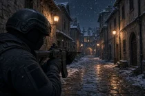 Боец в шлеме и балаклаве целится из автомата вдоль заснеженной улицы старого города ночью