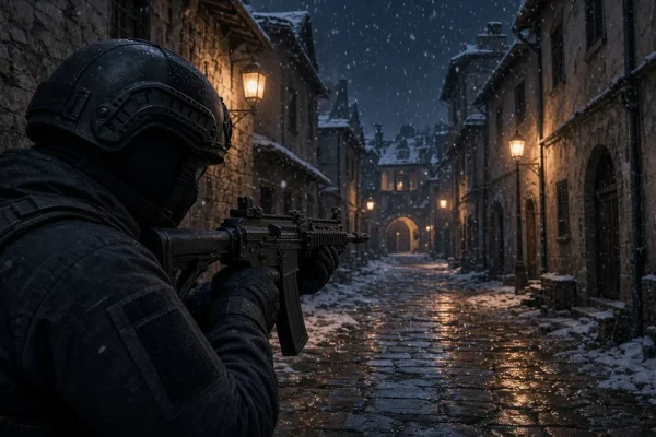 Боец в шлеме и балаклаве целится из автомата вдоль заснеженной улицы старого города ночью