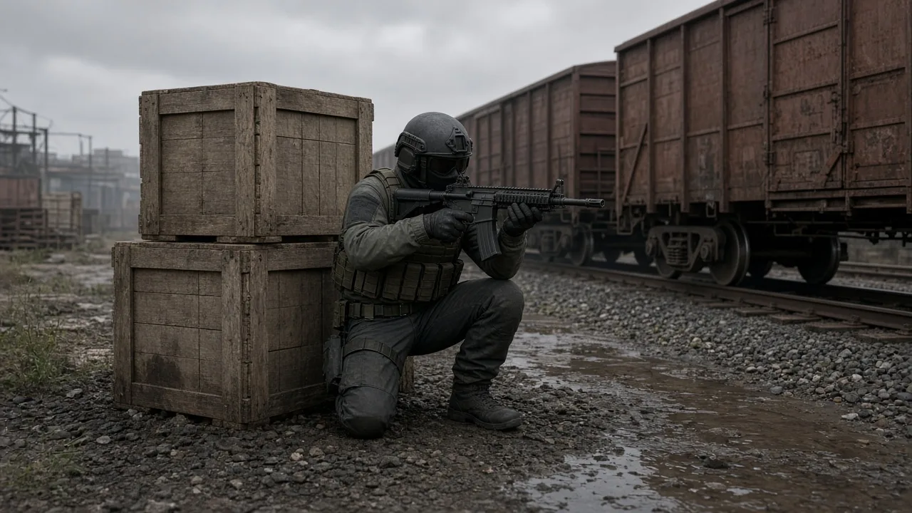 Боец в шлеме целится из-за деревянных ящиков на товарной станции в пасмурный день