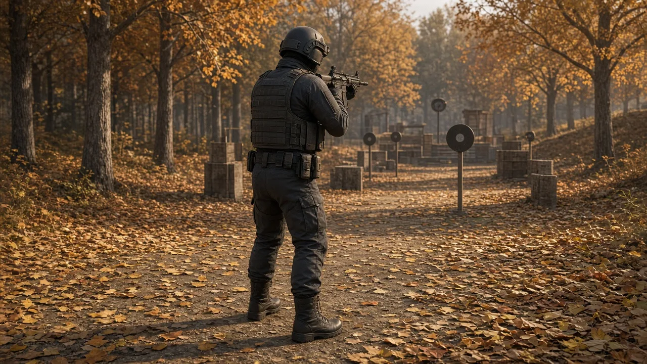 Боец в шлеме тренируется на стрельбище в осеннем лесу среди круглых мишеней