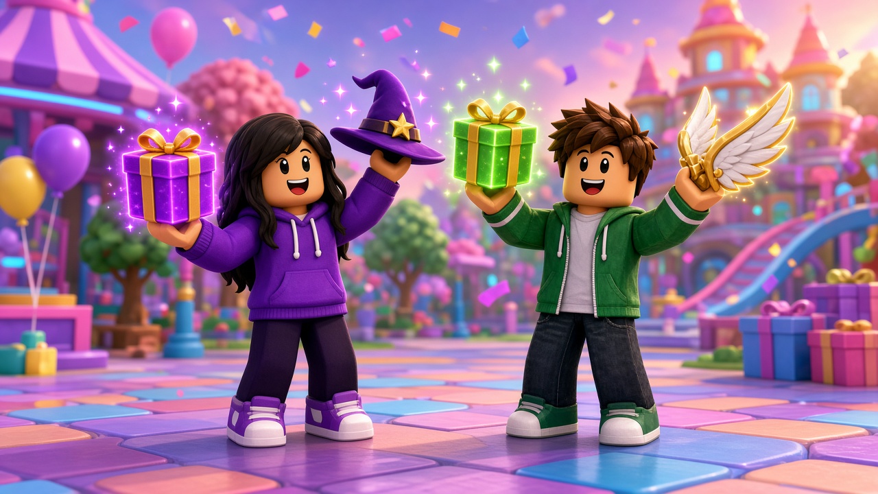 Блочные герои Roblox держат подарочные коробки и аксессуары для аватара