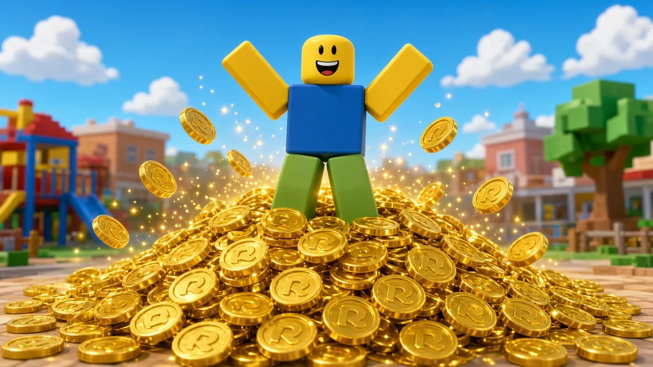 Радостный герой Roblox на горе робуксов