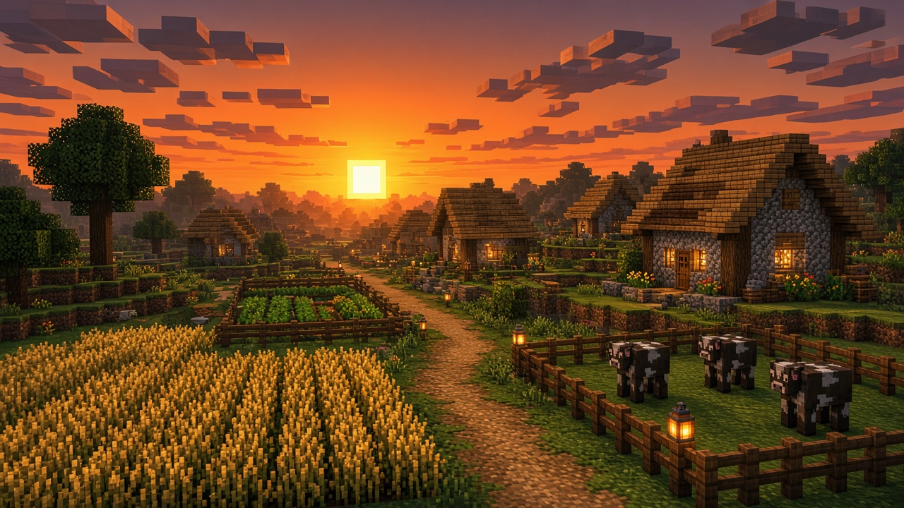 Деревня и поле пшеницы на закате в Minecraft