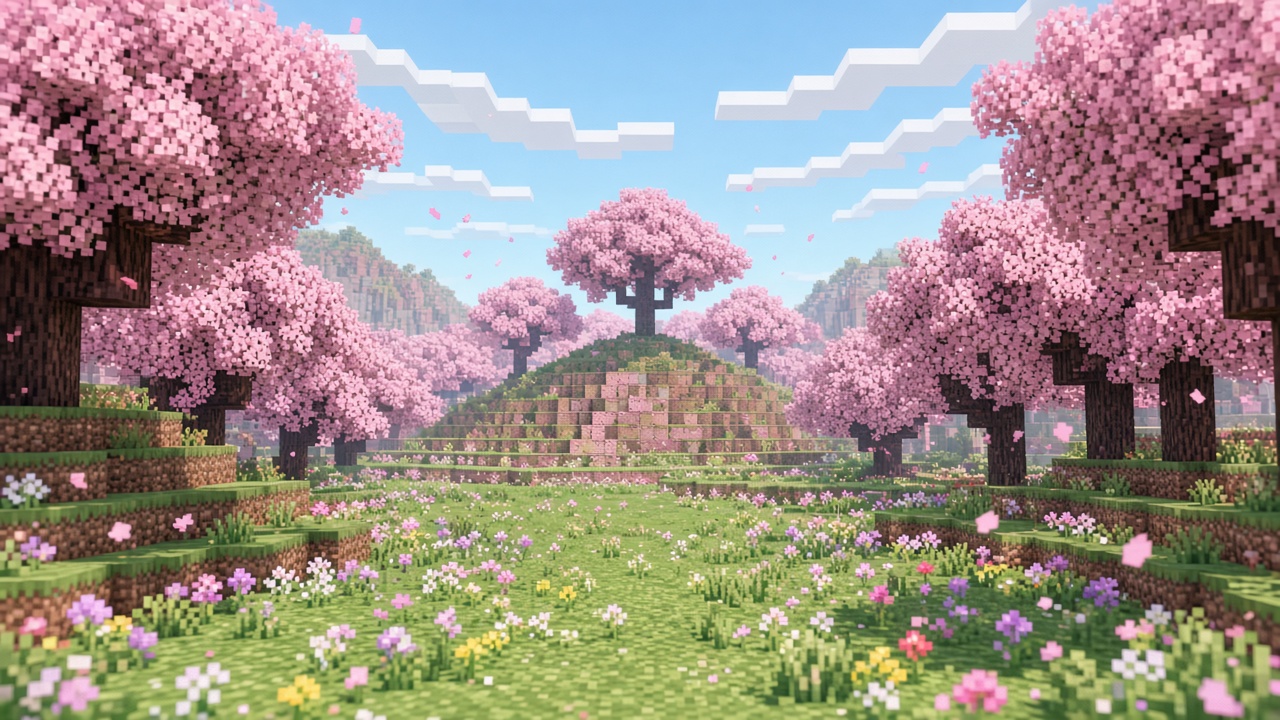 Вишнёвая роща с розовыми деревьями в Minecraft