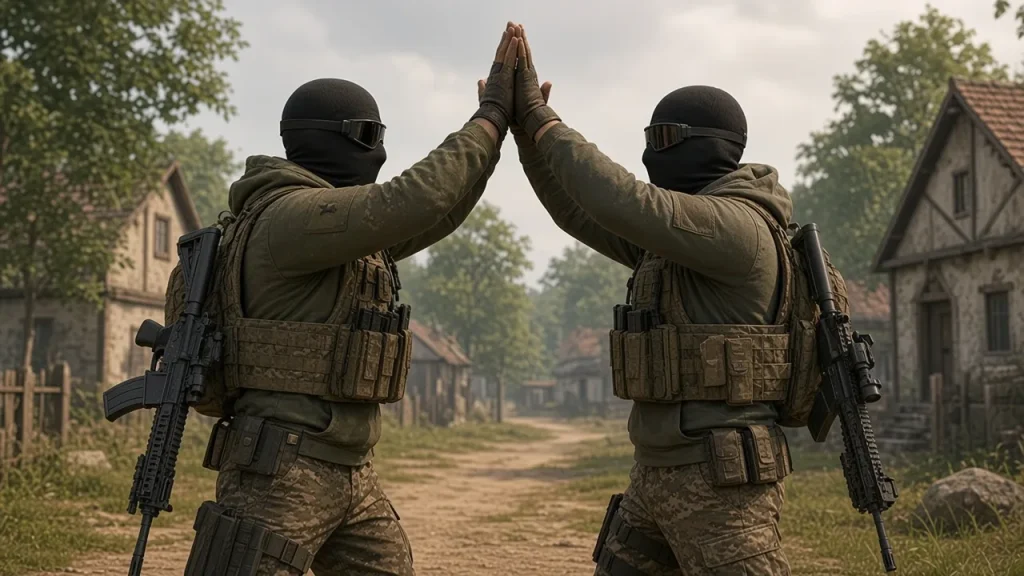 Двое напарников в толстовках дают друг другу пять после выигранного раунда на улице деревни