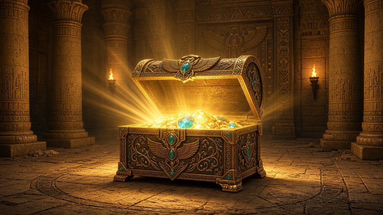 Открытый золотой кейс в египетском храме, отсылка к коллекции Osiris