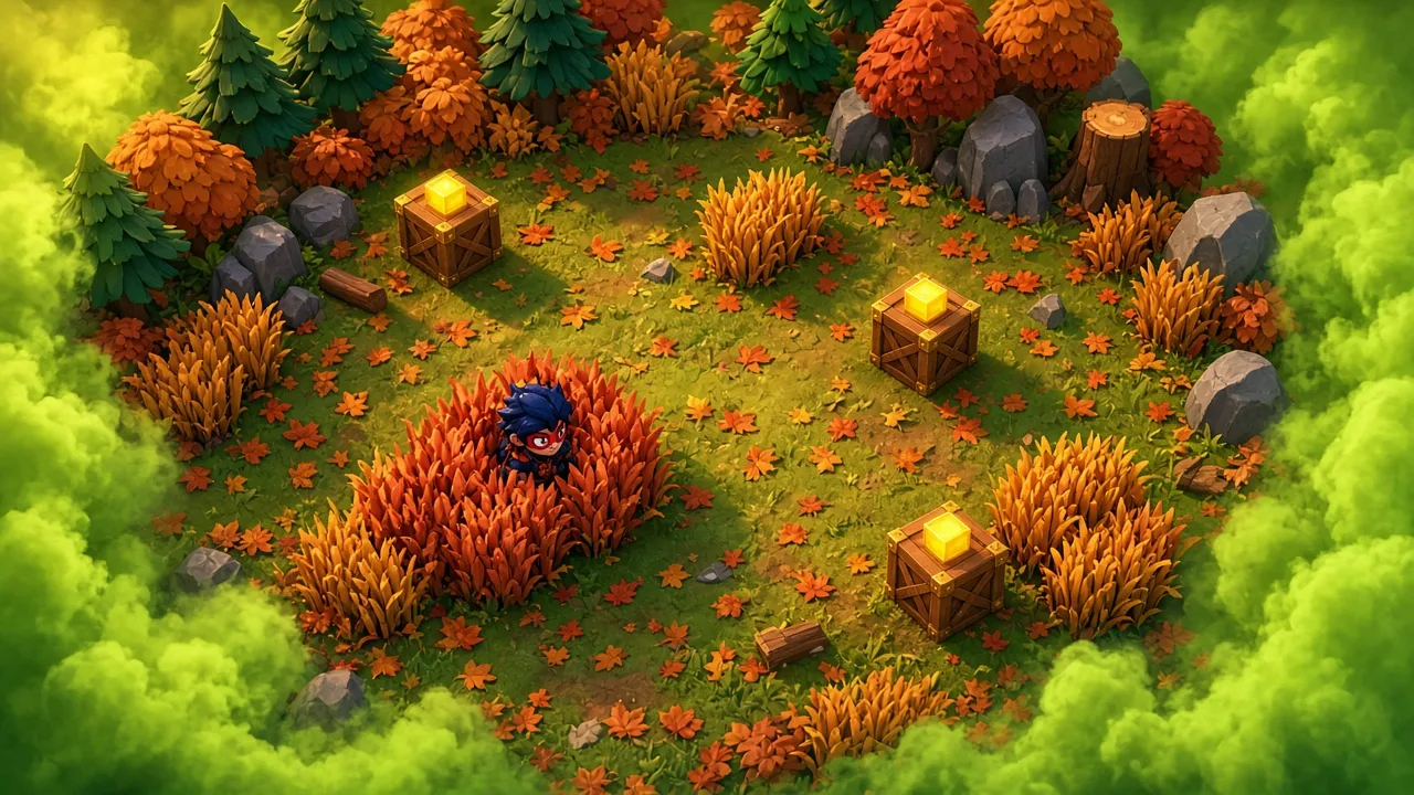 Боец прячется в рыжих кустах осеннего леса, к краям подступает ядовитое облако