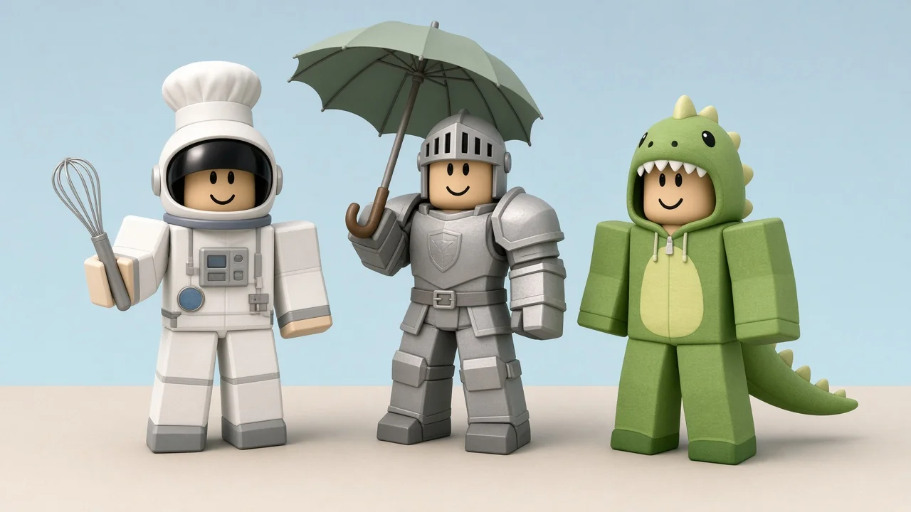 Три персонажа Roblox в необычных костюмах: космонавт в поварском колпаке с венчиком, рыцарь с зонтом и герой в пижаме динозавра